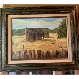 Original Signed Louis Self Oil Painting in Green & Black Wood Frame, Log Cabin